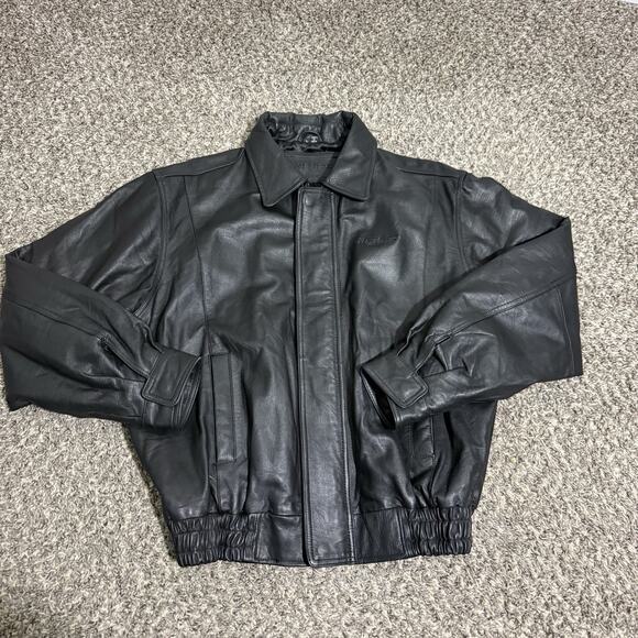 Netjets Leather Jacket Mens L Black Full Zip Bomber Aviator Flight Travel Coat - Picture 2 of 7